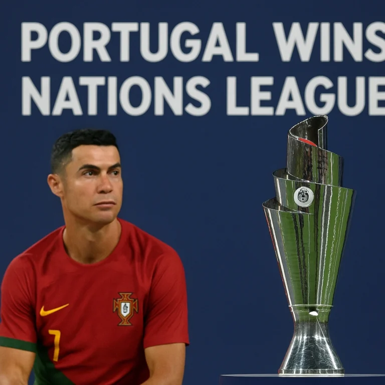 Cristiano Ronaldo sitting beside the UEFA Nations League trophy as the Portugal football team celebrates their 2025 victory
