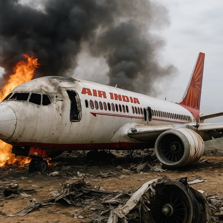 Wreckage of an Air India aircraft engulfed in flames after the Air India crash in Ahmedabad, with thick smoke rising into the sky.