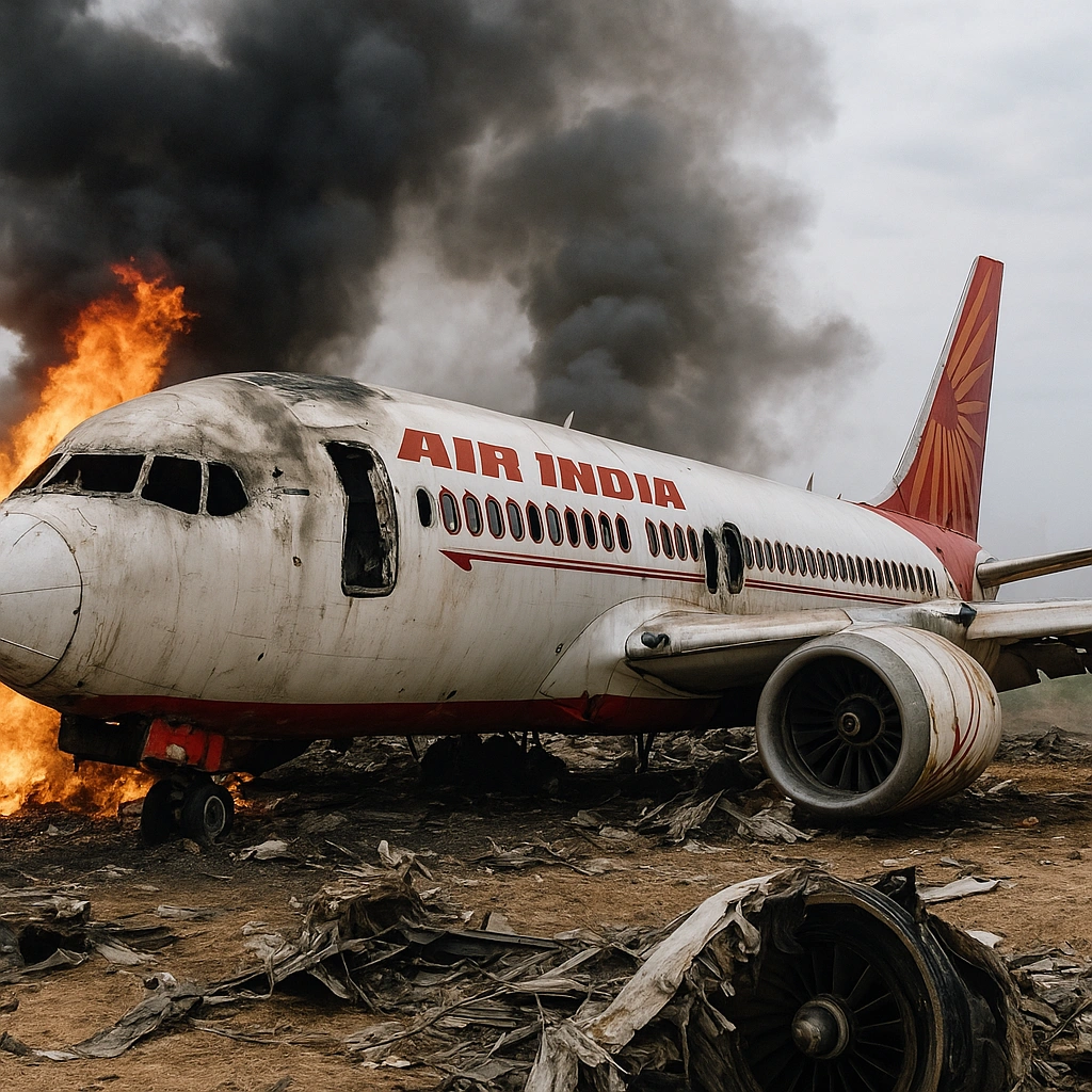 Wreckage of an Air India aircraft engulfed in flames after the Air India crash in Ahmedabad, with thick smoke rising into the sky.