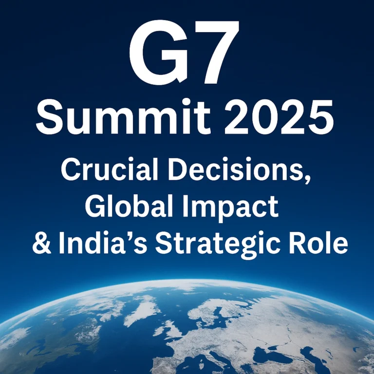 Digital graphic highlighting the G7 Summit 2025 with a view of Earth and text emphasizing India’s strategic role in global decisions.