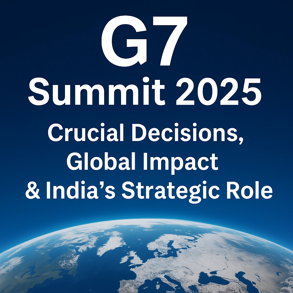 Digital graphic highlighting the G7 Summit 2025 with a view of Earth and text emphasizing India’s strategic role in global decisions.