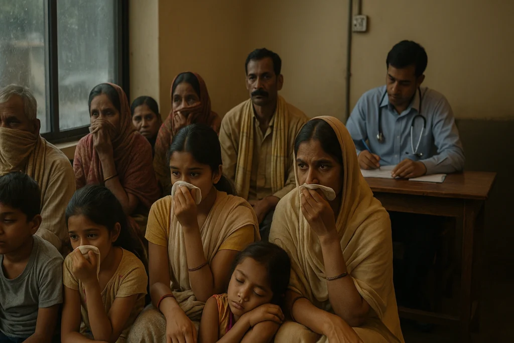 “Patients, including children and women, waiting in a crowded Indian clinic during monsoon, wearing scarves over their faces as a doctor writes in the background”. Monsoon Viral Fever in India.