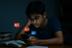 An Indian teenage boy sitting in a dark room, staring at his phone with tired eyes, surrounded by textbooks and social media notifications.Mental Health Issues Among Indian Teenagers Post-COVID