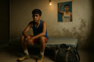 A young Indian athlete sits in a modest dorm room, reflecting the harsh realities of youth sports academies in India.