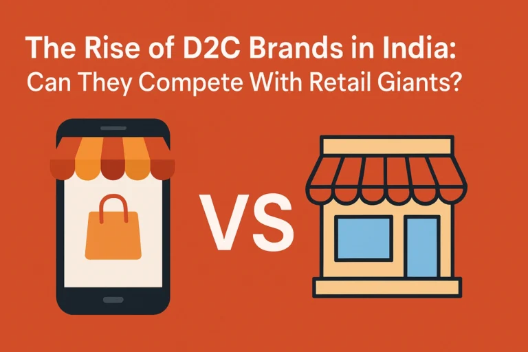 Illustration comparing D2C shopping via smartphone and traditional retail store, with bold text highlighting their competition in India. D2C Brands in India