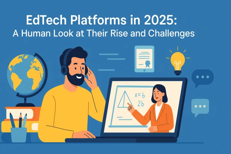 Illustration of a man using an EdTech platform on a laptop in 2025, attending an online class with digital learning icons like a globe, books, and a lightbulb.EdTech Platforms in 2025