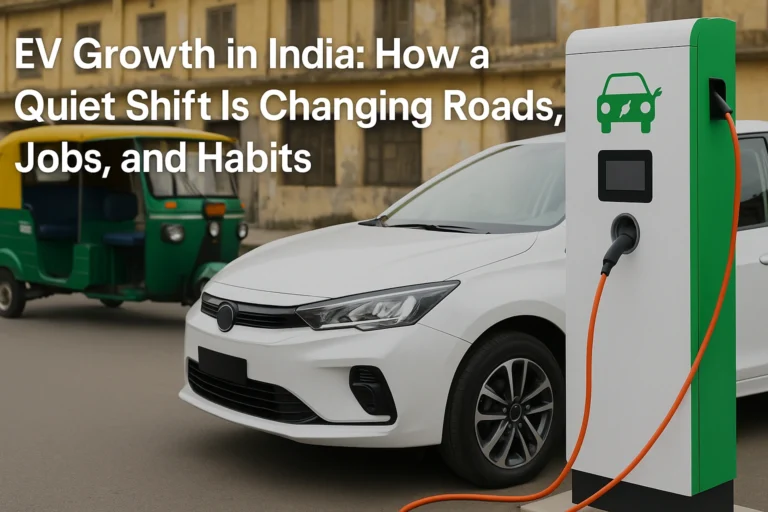 White electric car charging at a public EV station with a green Indian auto rickshaw in the background on an urban street. EV Growth in India