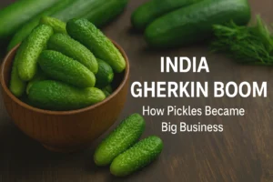 A wooden bowl filled with fresh green gherkins on a dark wooden table with bold text reading “India Gherkin Boom – How Pickles Became Big Business.”