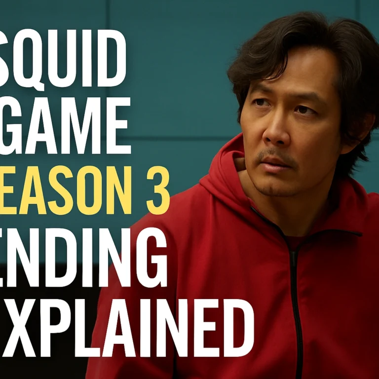 Squid Game Season 3 Ending Explained.Seong Gi-hun from Squid Game Season 3 in red jumpsuit with bold text “Ending Explained”