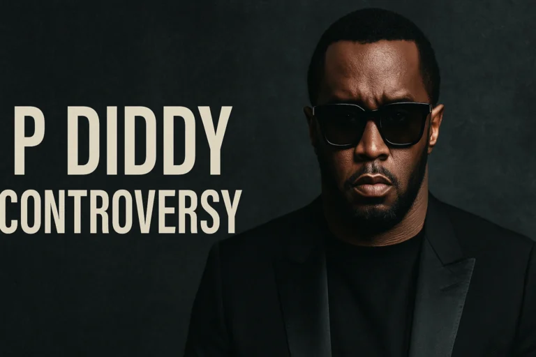 Sean “Diddy” Combs wearing dark sunglasses, with the words “P Diddy Controversy” beside him on a dark background.