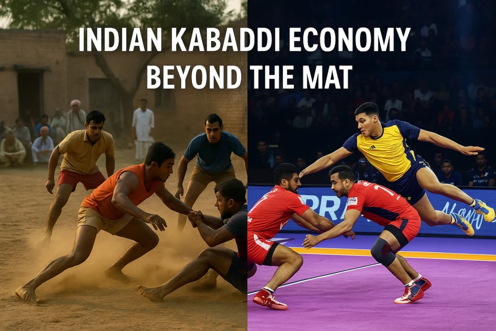 A split-screen showing traditional village Kabaddi on one side and a professional Pro Kabaddi League match on the other.