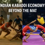 A split-screen showing traditional village Kabaddi on one side and a professional Pro Kabaddi League match on the other.