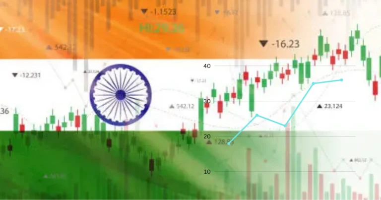 "Indian flag overlay with stock market graph and candlestick chart representing India's economic growth". India Economic Outlook 2025.