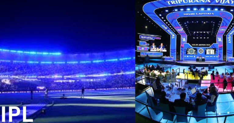 IPL stadium during night match alongside IPL auction 2024 stage with team owners and digital screens. IPL Economy