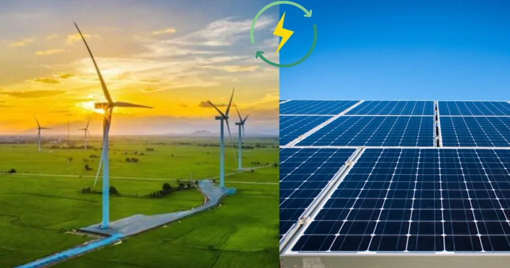 India clean energy solar panels and wind turbines in India symbolizing the country's clean energy surge