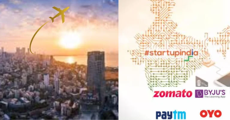 India startup ecosystem with tech skyline, Startup India campaign, and top Indian unicorn logos