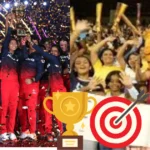 WPL women cricketers celebrating trophy victory with cheering fans and mascot in the stadium. WPL women's cricket India.