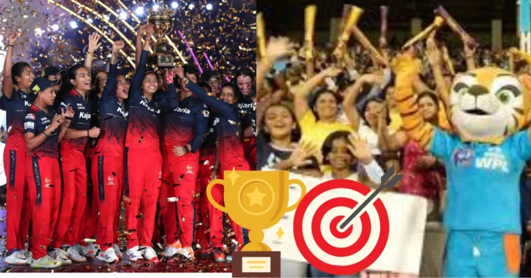 WPL women cricketers celebrating trophy victory with cheering fans and mascot in the stadium. WPL women's cricket India.