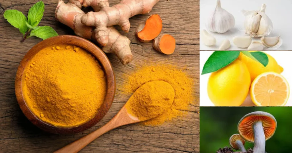 “Turmeric powder, garlic, lemon, and mushrooms — natural foods to boost immunity during monsoon”