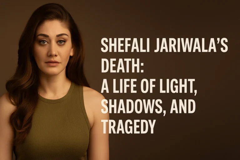Portrait of Shefali Jariwala with headline text about her death and legacy