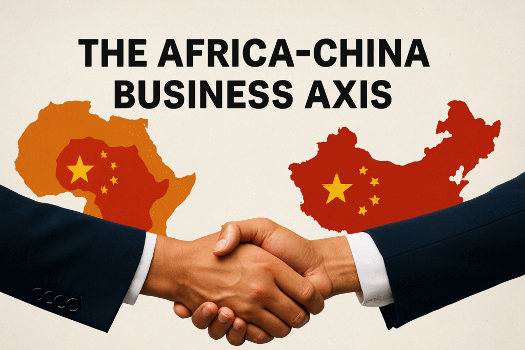 Handshake between African and Chinese business professionals with maps in the background, symbolizing the growing Africa-China business axis.