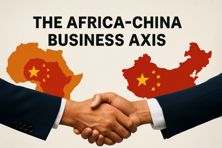 Handshake between African and Chinese business professionals with maps in the background, symbolizing the growing Africa-China business axis.
