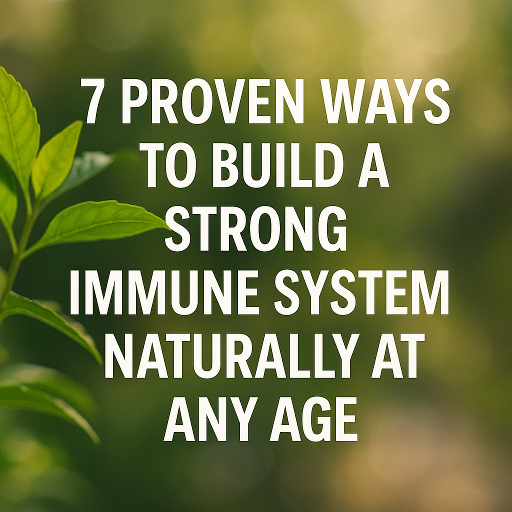 "7 Proven Ways to Build a Strong Immune System Naturally at Any Age" displayed over a leafy green background — highlighting the focus keyword strong immune system naturally.