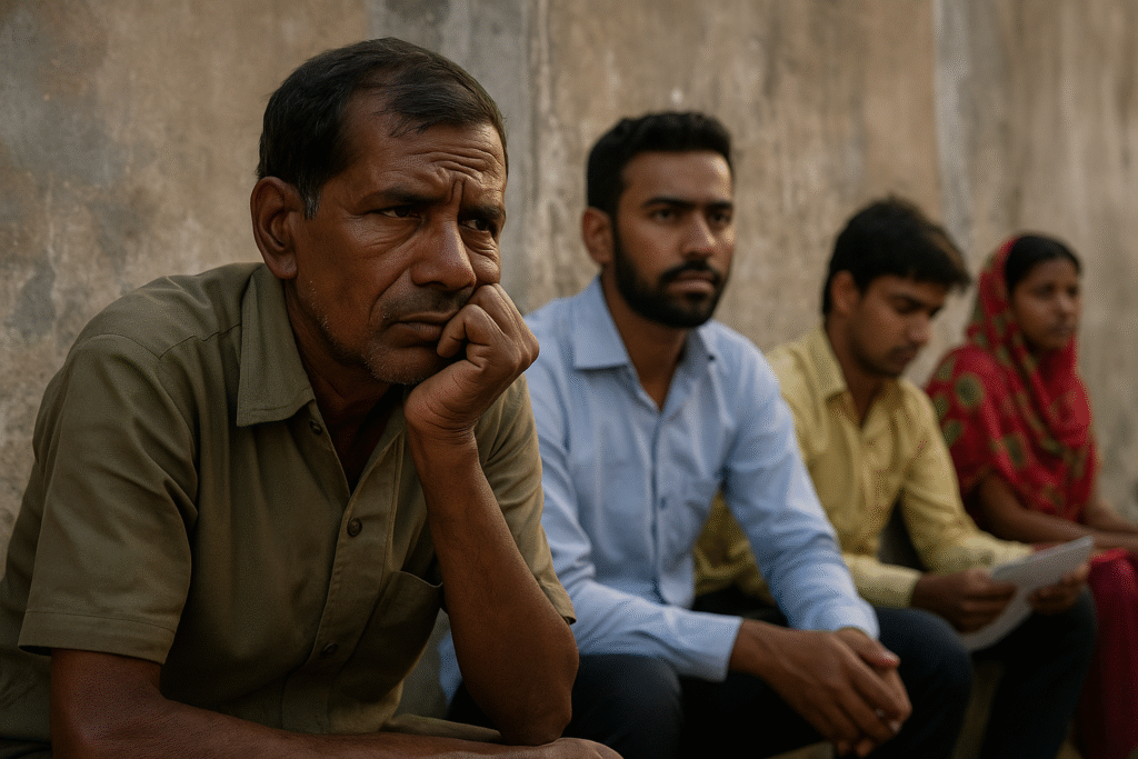 A group of unemployed Indian individuals, including a middle-aged man in focus, sitting against a worn concrete wall—symbolizing the unemployment crisis in India.