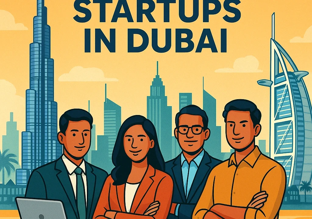 "Illustration showing Indian startups in Dubai expanding their global footprint with modern infrastructure and digital innovation, highlighting the focus keyword Indian startups in Dubai."