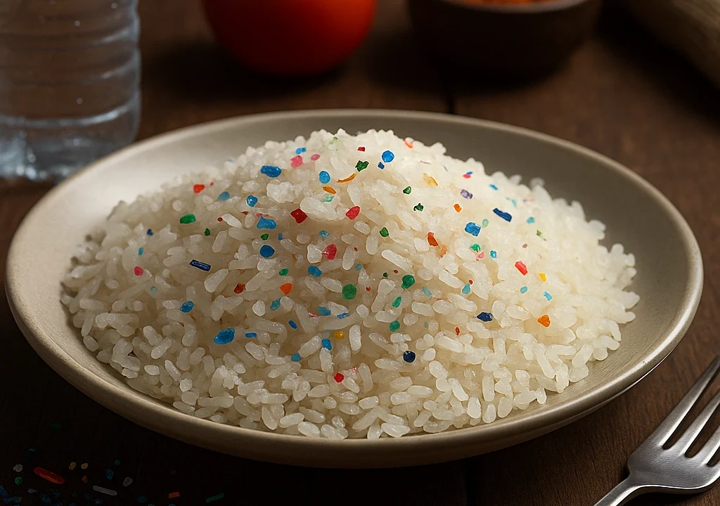A close-up image showing microplastic particles on a metal spoon placed over traditional Indian food, symbolizing the alarming presence of microplastics in Indian food. Ask ChatGPT