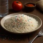 A close-up image showing microplastic particles on a metal spoon placed over traditional Indian food, symbolizing the alarming presence of microplastics in Indian food. Ask ChatGPT