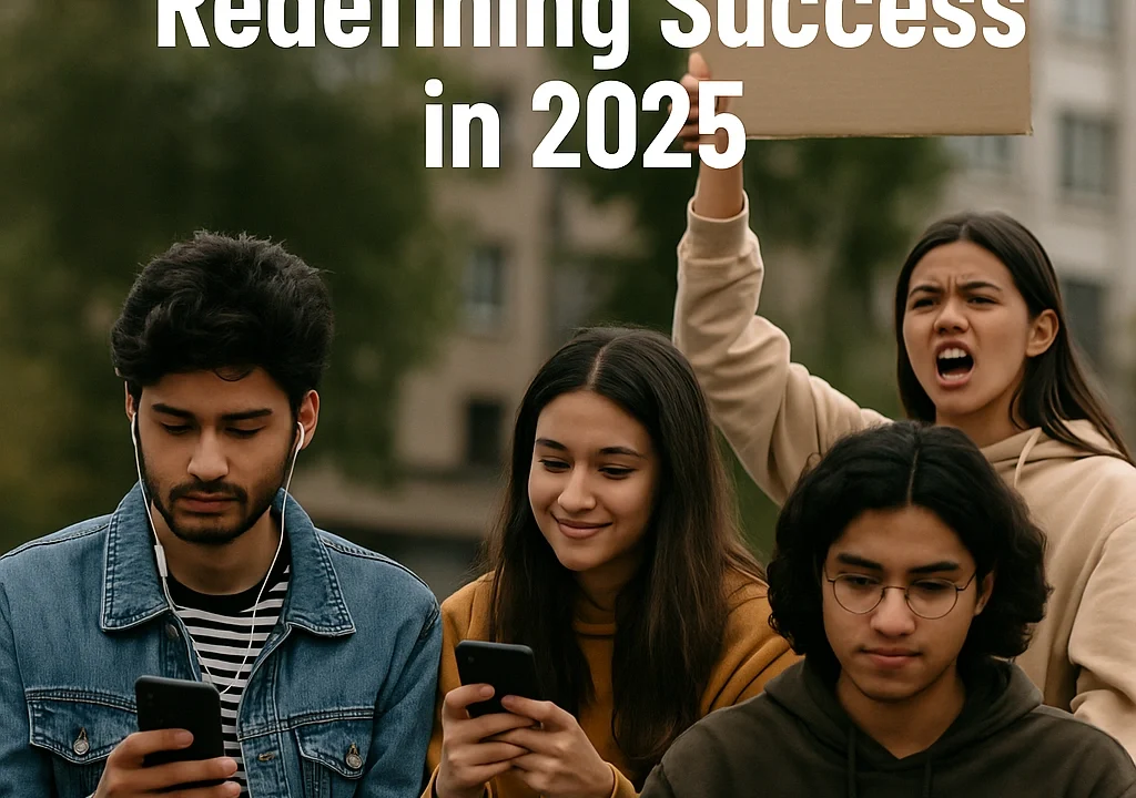 A group of Indian Gen Z youth using smartphones and laptops in an urban setting, symbolizing how Indian Gen Z is redefining success through digital culture, activism, and technology in 2025.