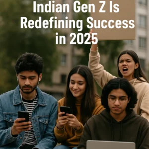 A group of Indian Gen Z youth using smartphones and laptops in an urban setting, symbolizing how Indian Gen Z is redefining success through digital culture, activism, and technology in 2025.