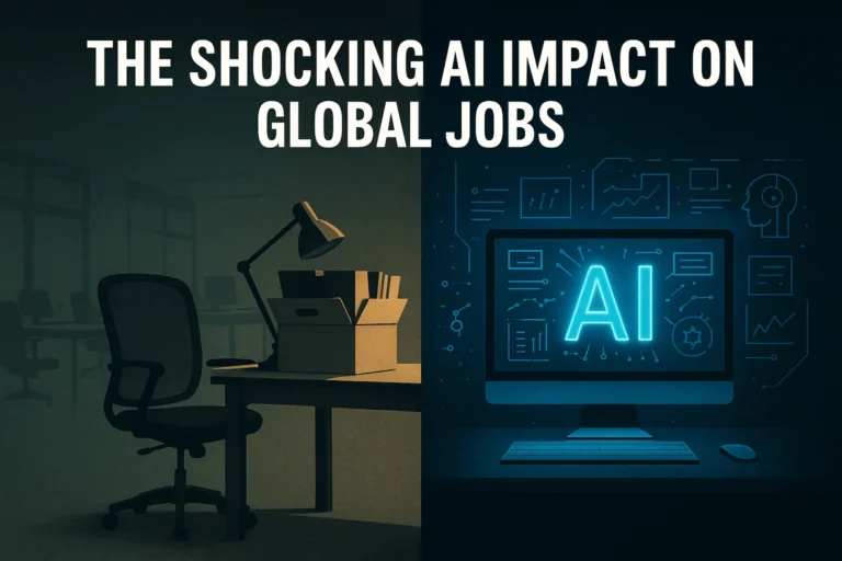 AI impact on global jobs.A digital split-screen showing an empty office desk on one side and an AI-powered computer interface on the other, symbolizing job displacement.