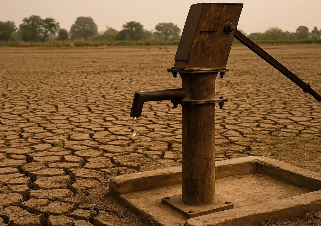 An old hand pump stands over cracked, dry earth in rural India, visually highlighting the worsening India water crisis amid drought and groundwater depletion.
