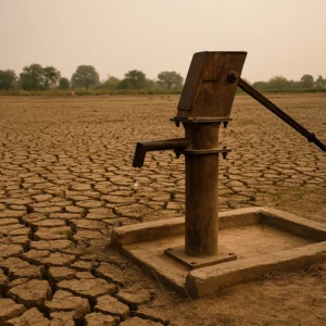 An old hand pump stands over cracked, dry earth in rural India, visually highlighting the worsening India water crisis amid drought and groundwater depletion.