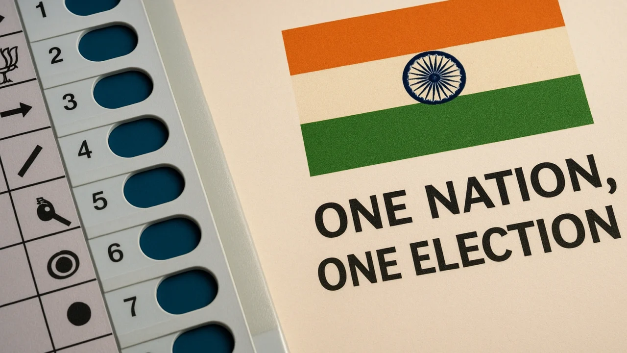 Close-up of an Indian Electronic Voting Machine (EVM) next to the national flag with the text "One Nation One Election," symbolizing India's No. 1 reform debate.