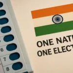 Close-up of an Indian Electronic Voting Machine (EVM) next to the national flag with the text "One Nation One Election," symbolizing India's No. 1 reform debate.