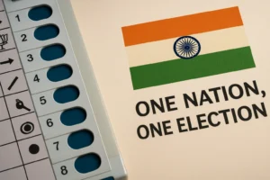 Close-up of an Indian Electronic Voting Machine (EVM) next to the national flag with the text "One Nation One Election," symbolizing India's No. 1 reform debate.