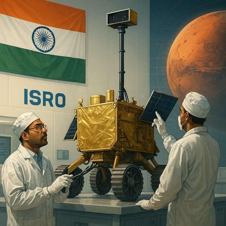 ISRO scientists preparing Mars rover for Chandrayaan-4 launch in clean room with Indian flag and Mars illustration