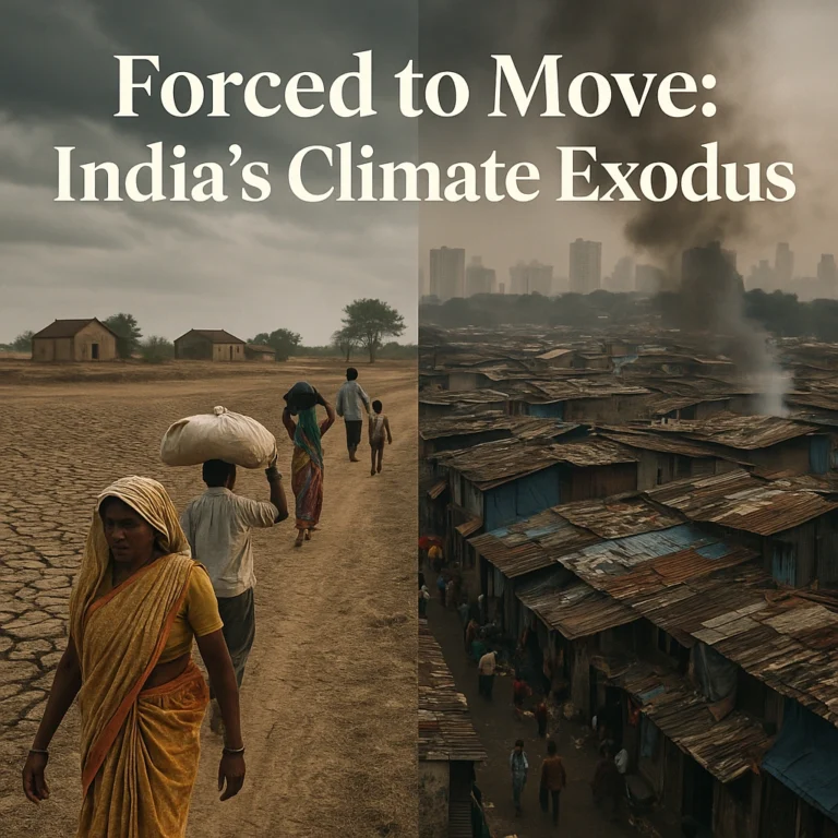 A visual representation of climate migration in India showing villagers fleeing drought-hit areas and settling in overcrowded urban slums.
