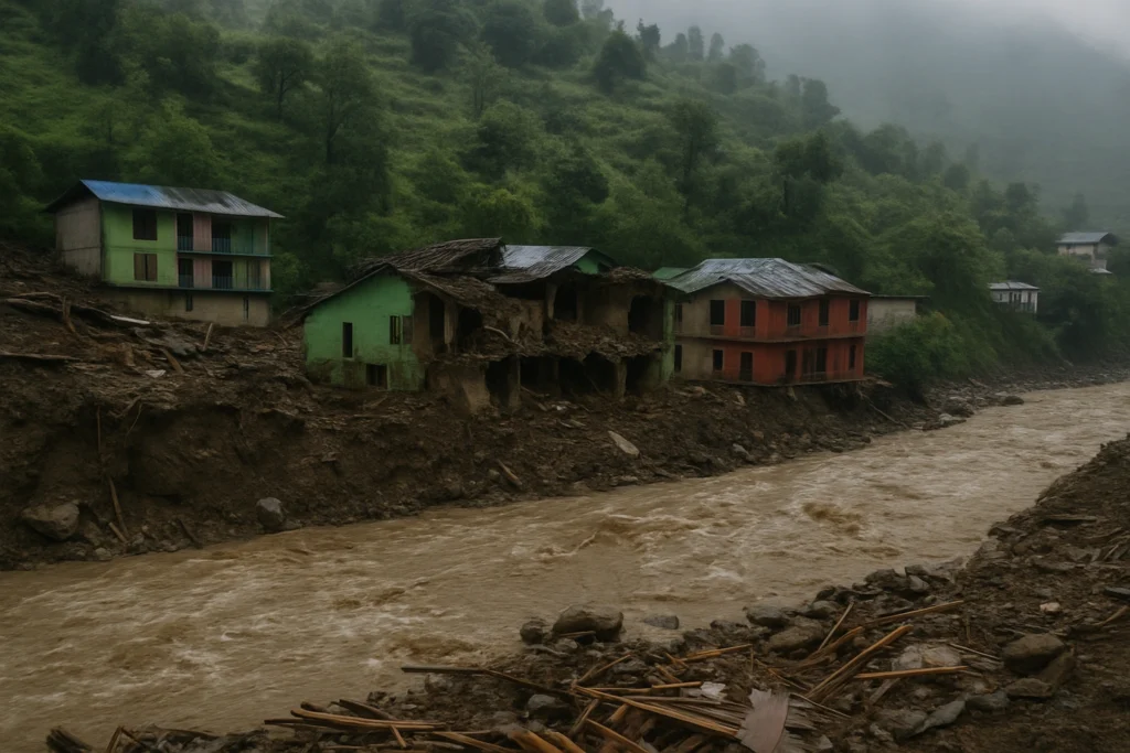 A devastated hillside village after a cloudburst in Himachal Pradesh, showing destroyed homes and a swollen muddy river in the aftermath of the monsoon disaster.