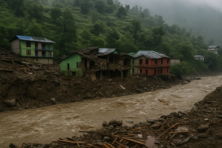A devastated hillside village after a cloudburst in Himachal Pradesh, showing destroyed homes and a swollen muddy river in the aftermath of the monsoon disaster.