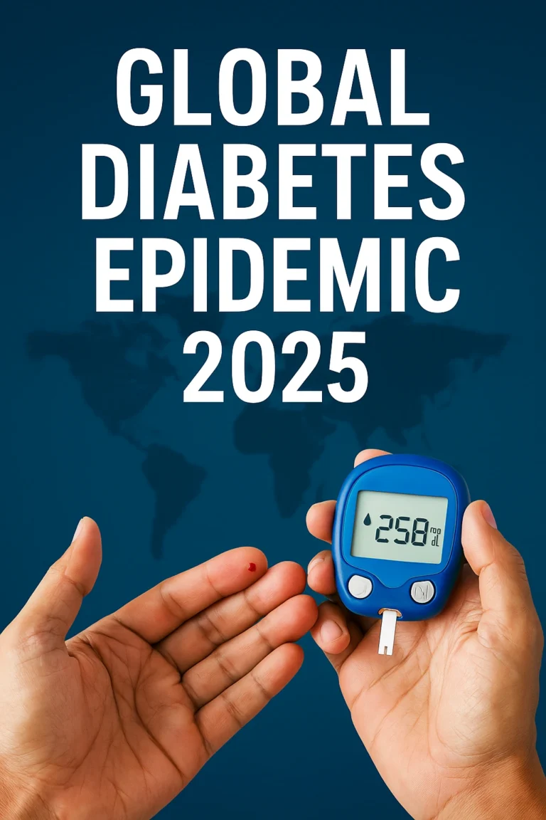 A close-up of hands using a glucose meter with a reading of 258 mg/dL, set against a world map background, symbolizing the global diabetes epidemic 2025.