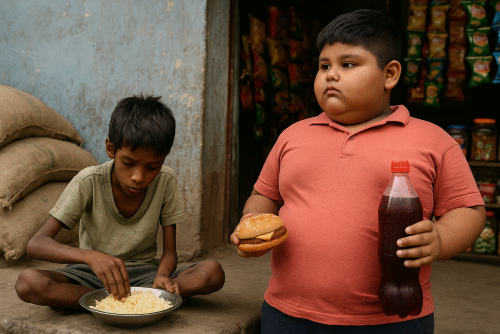 A visual representation of the global nutrition transition 2025 showing the stark contrast between child hunger and childhood obesity in urban settings.