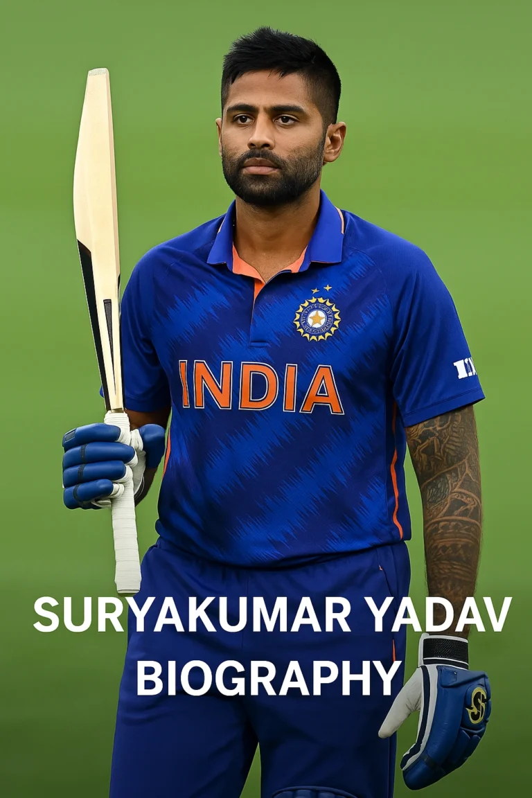 Suryakumar Yadav holding a cricket bat in India’s blue jersey, representing a key moment in the Suryakumar Yadav biography.