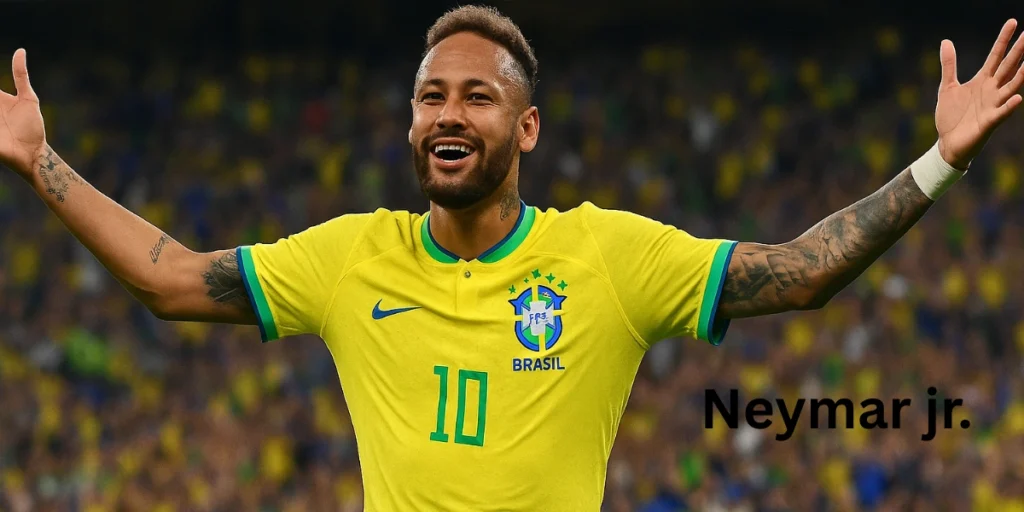 Neymar comeback 2025. Neymar celebrating a goal during Copa América 2025 in Brazil’s yellow jersey with arms raised and a cheering crowd in the background